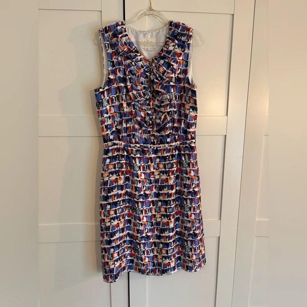 Kate Spade Kaleidoscope Ruffle Sheath Silk Dress Blue Multi Color Size 10